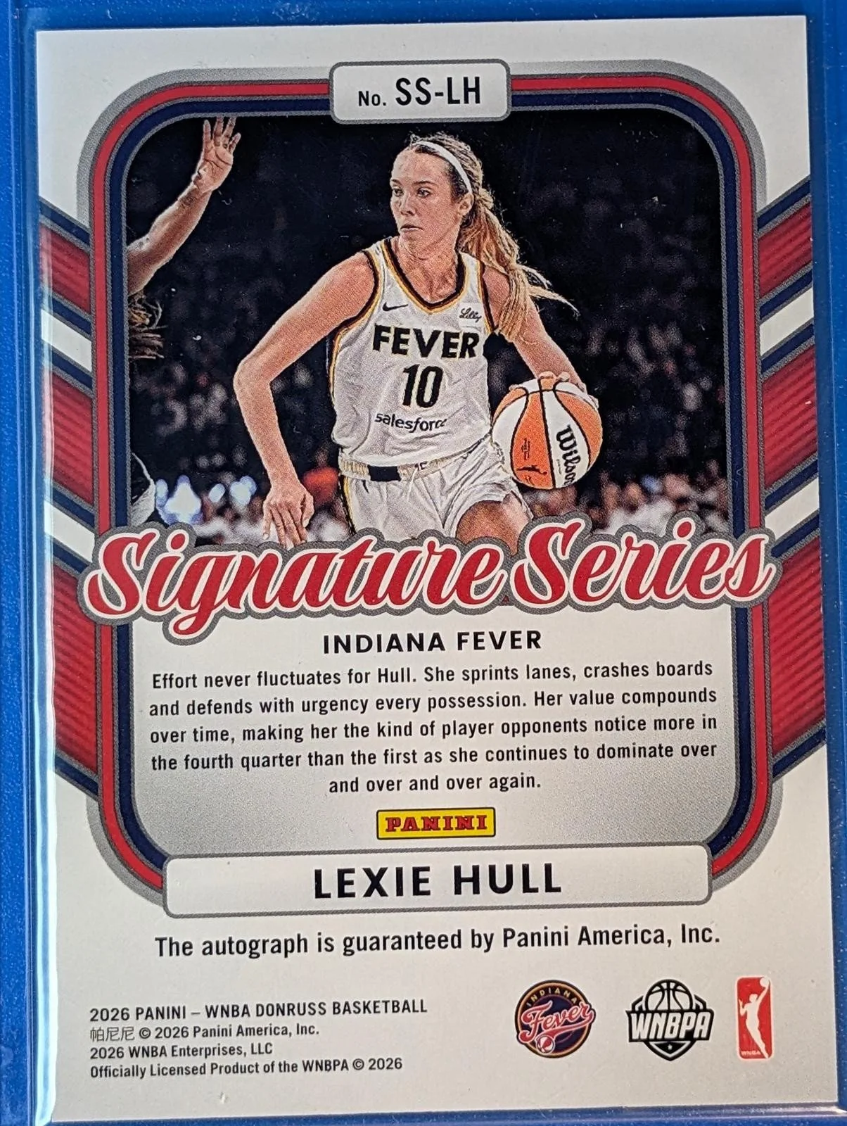 Back of 2026 Donruss WNBA /5 Lexie Hull Signature Series Black Gold Laser Auto SSP