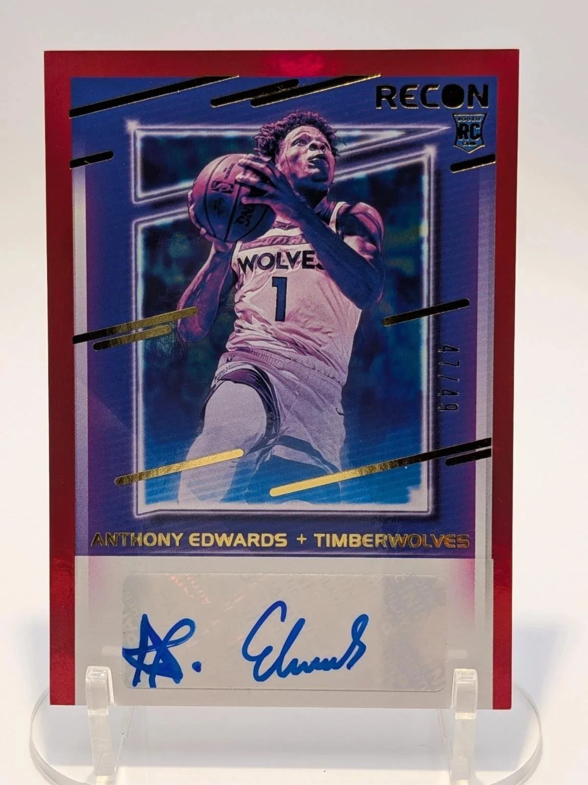 On the shelf: Anthony Edwards, 2020-21 Panini Recon Rookie Recon Signatures &mdash; the Red parallel, numbered 47/49.

A rookie-year Edwards autograph in one of the scarcest parallels Recon made: 49 copies, total. This is copy 47. It's photographed f