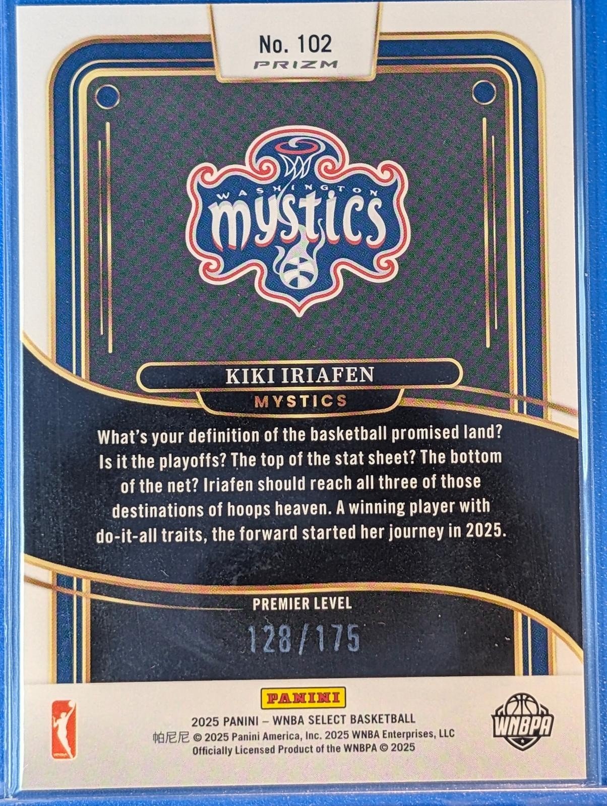 Back of 2025 Select WNBA /149 Kiki Iriafen Silver Prizms #102 RC