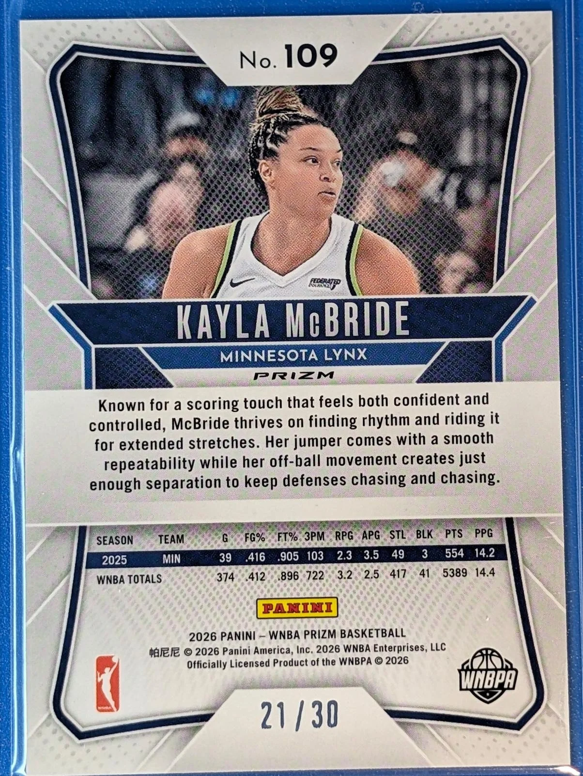 Back of JERSEY MATCH 21/30 2026 Panini Prizm WNBA Kayla McBride /30
