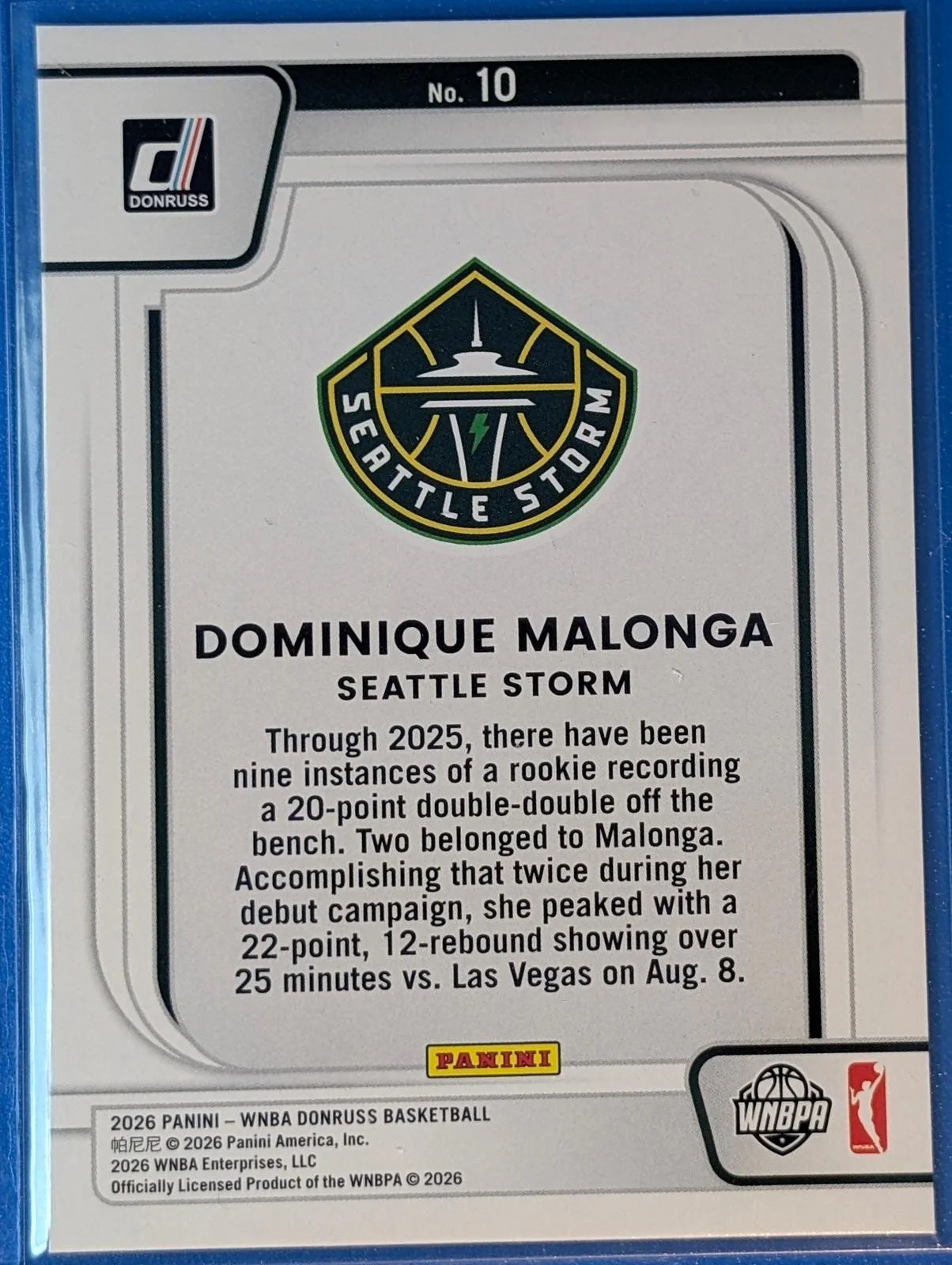 Back of 2026 Donruss WNBA #10 Dominique Malonga Franchise Features Diamond