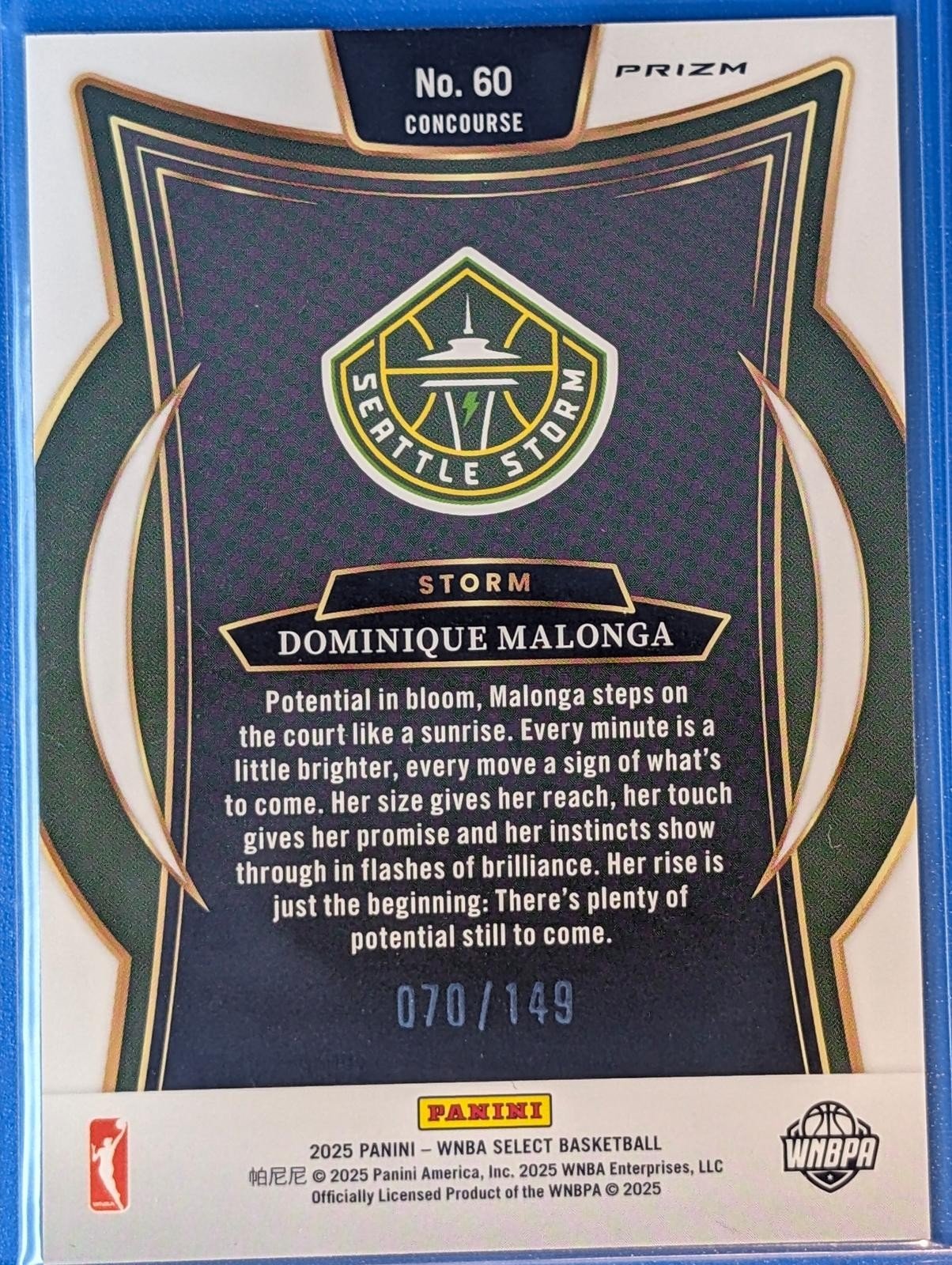 Back of 2025 Select WNBA /149 Dominique Malonga Silver Prizms #60 RC