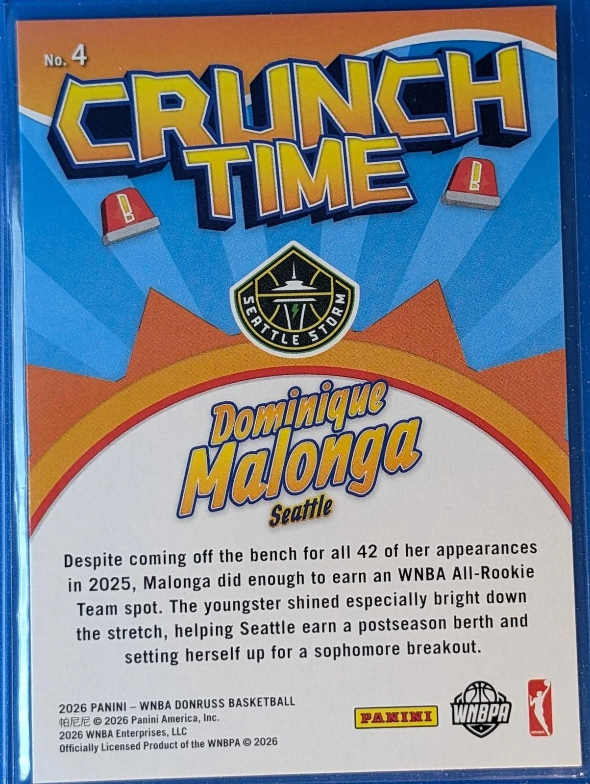 Back of 2026 Donruss WNBA Dominique Malonga Crunch Time #4