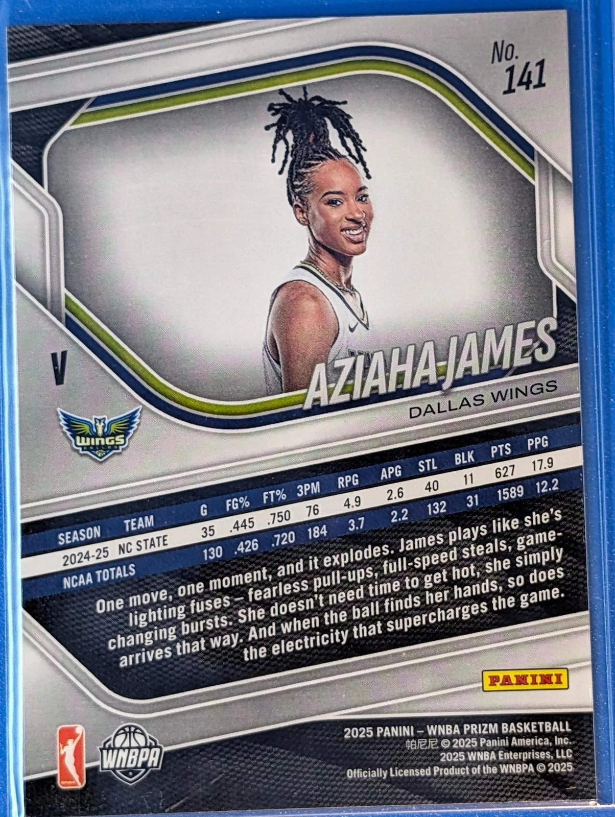Back of 2025 Prizm WNBA Aziaha James #141 RC