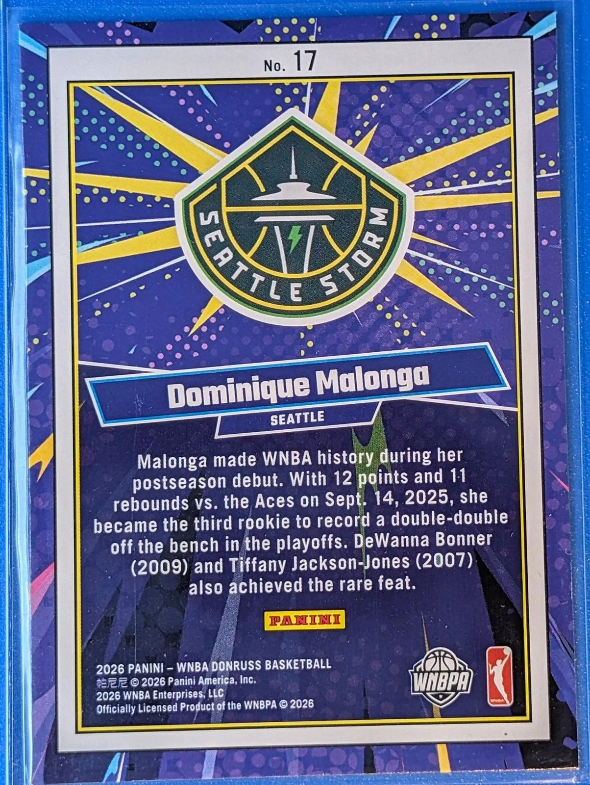 Back of 2026 Donruss WNBA Dominique Malonga Net Marvels #17