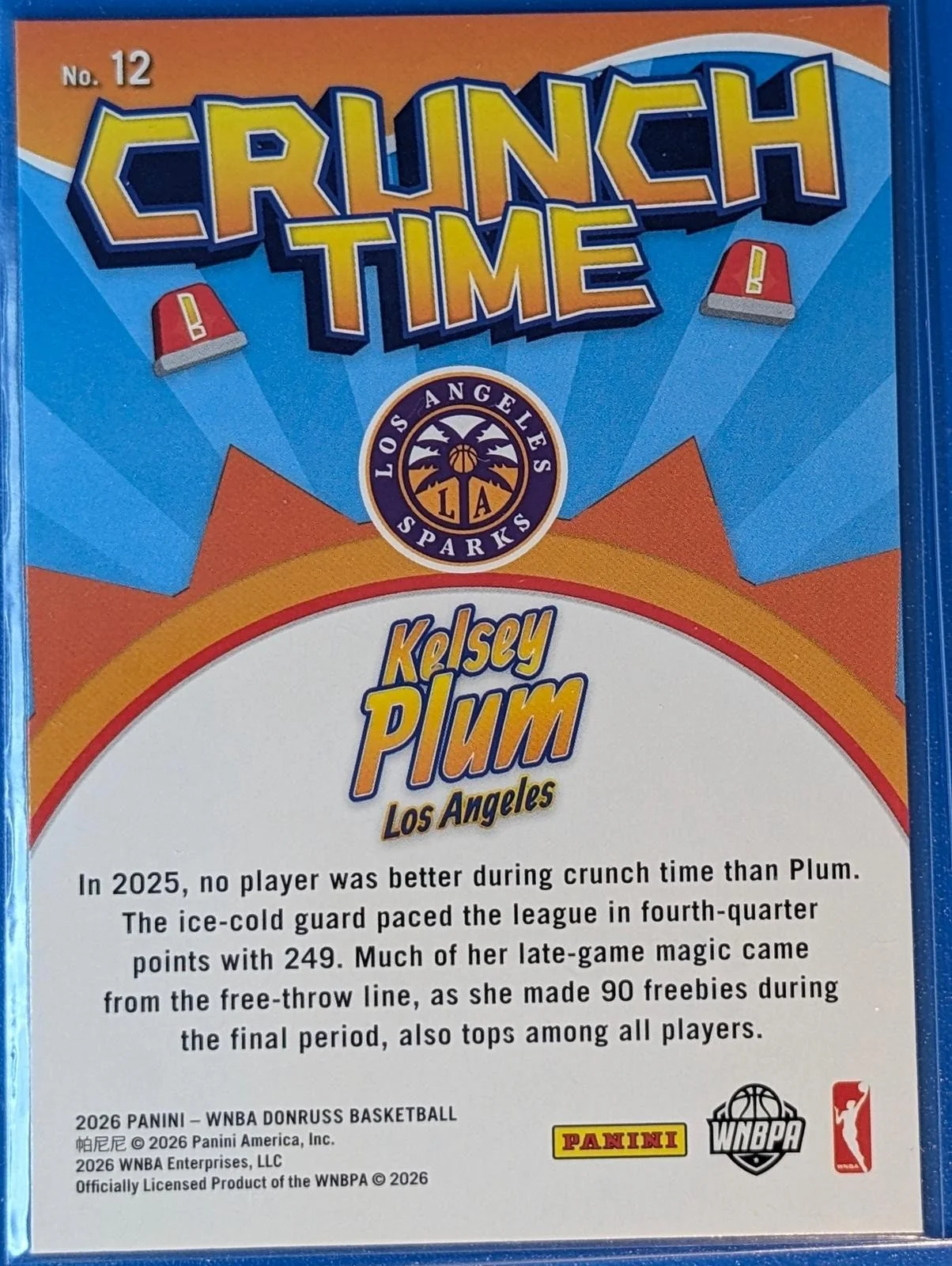 Back of 2026 Donruss WNBA Kelsey Plum Crunch Time #12
