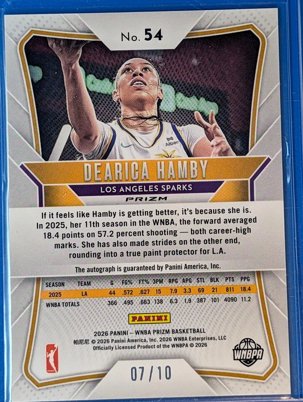 Back of SSP TRUE GOLD 2026 Panini Prizm WNBA /10 Dearica Hamby Auto #54