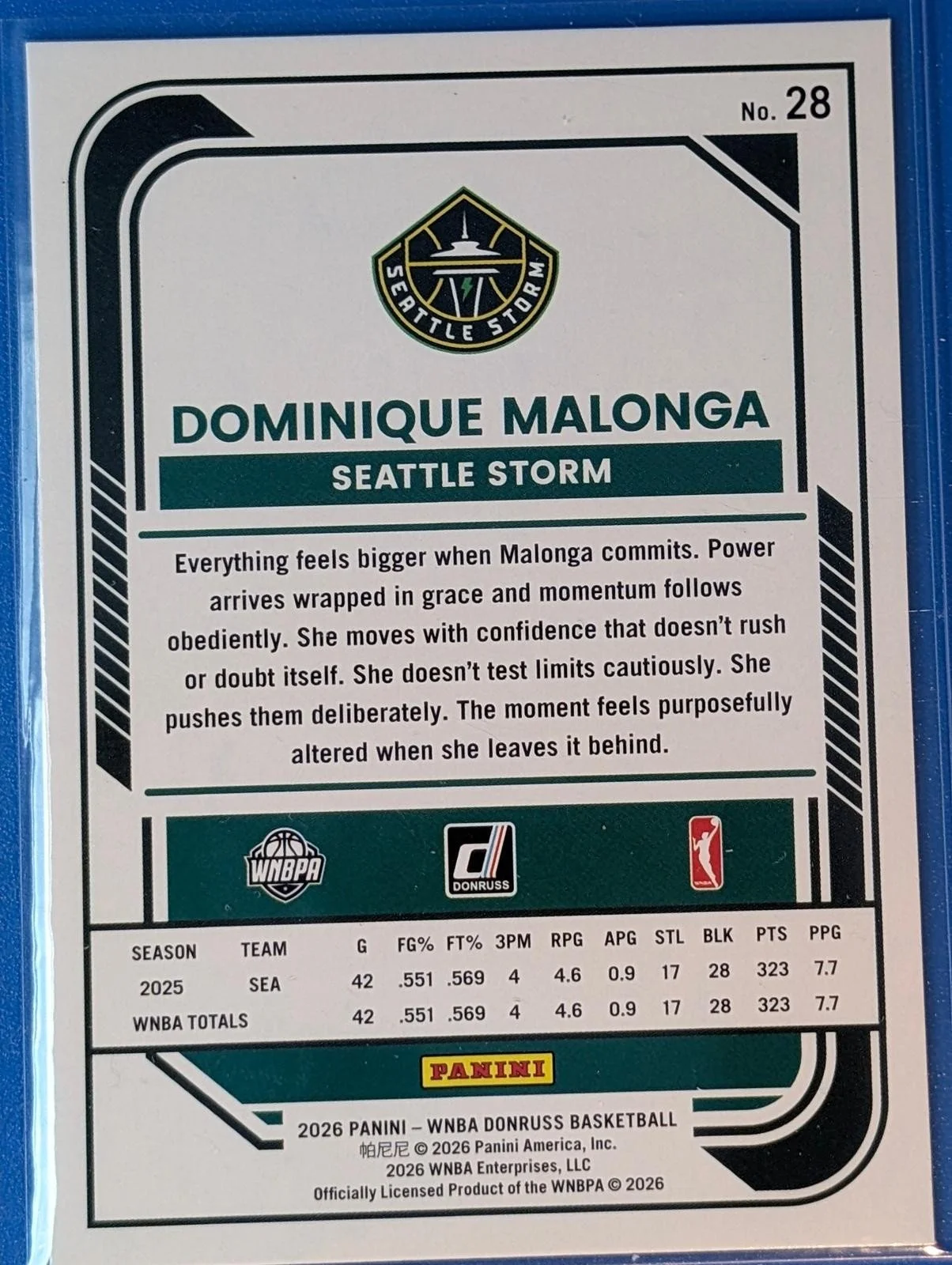 Back of 2026 Panini Donruss WNBA #28 Dominique Malonga Holo