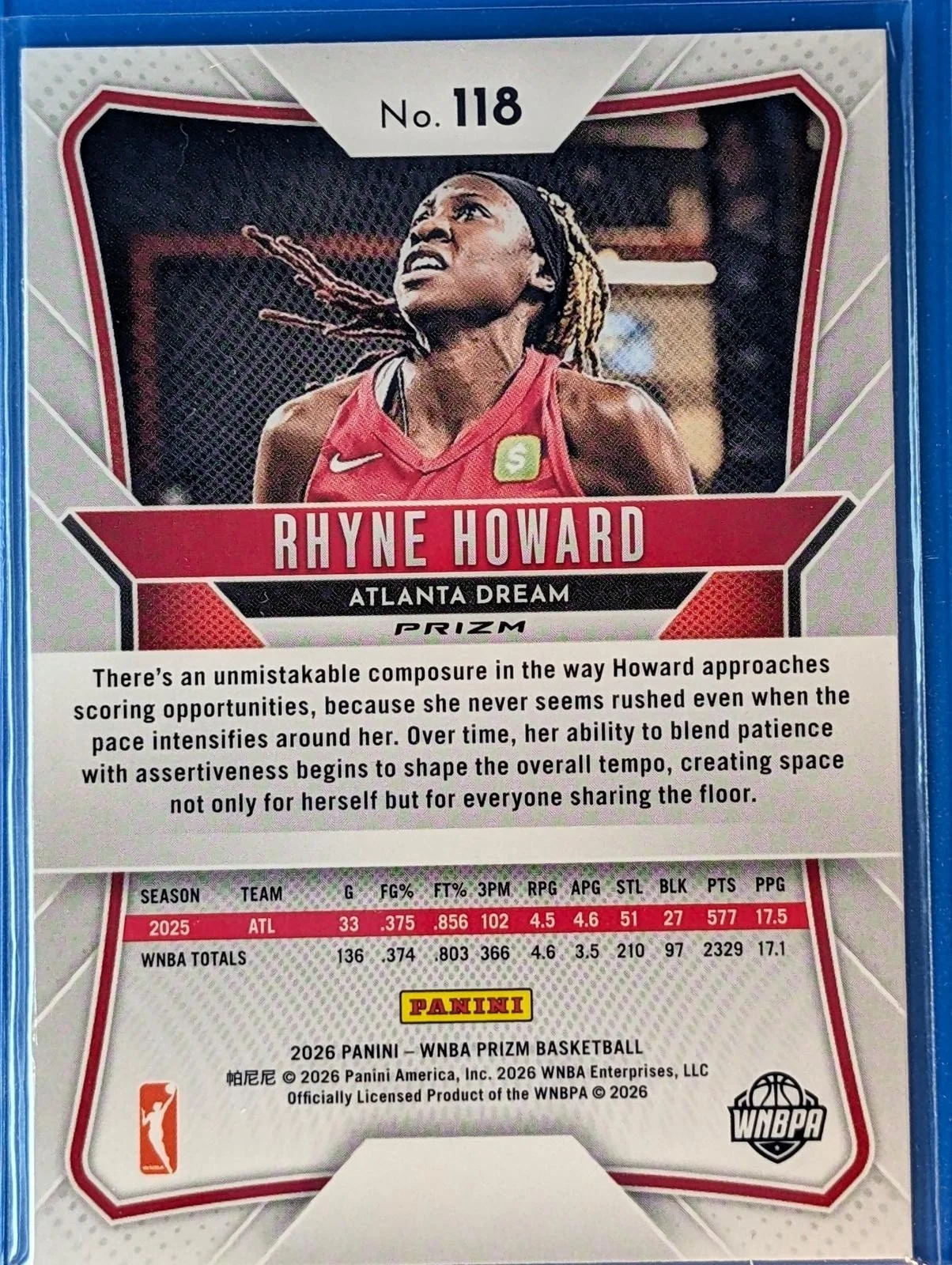 Back of 2026 Panini Prizm WNBA #118 Rhyne Howard Hyper Prizm