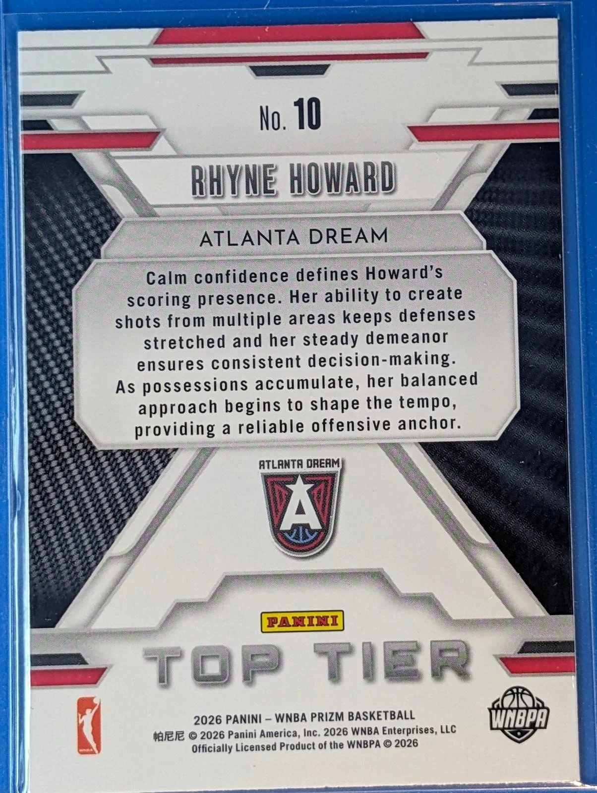 Back of 2026 Panini Prizm WNBA Rhyne Howard Top Tier #10