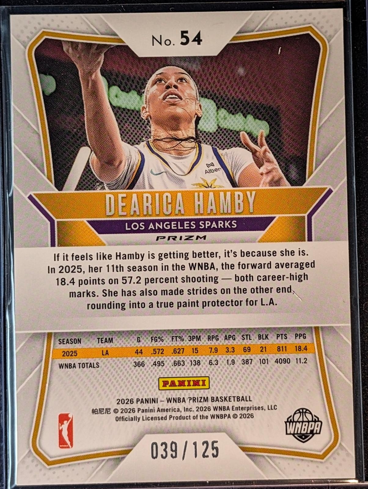 Back of 2026 Panini Prizm WNBA #54 Dearica Hamby Carolina Blue Prizm /125