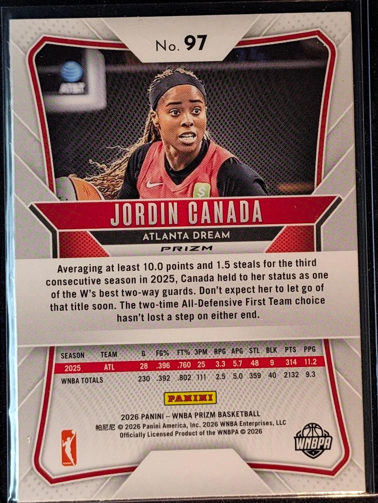Back of 2026 Panini Prizm WNBA #97 Jordin Canada Hyper Prizm