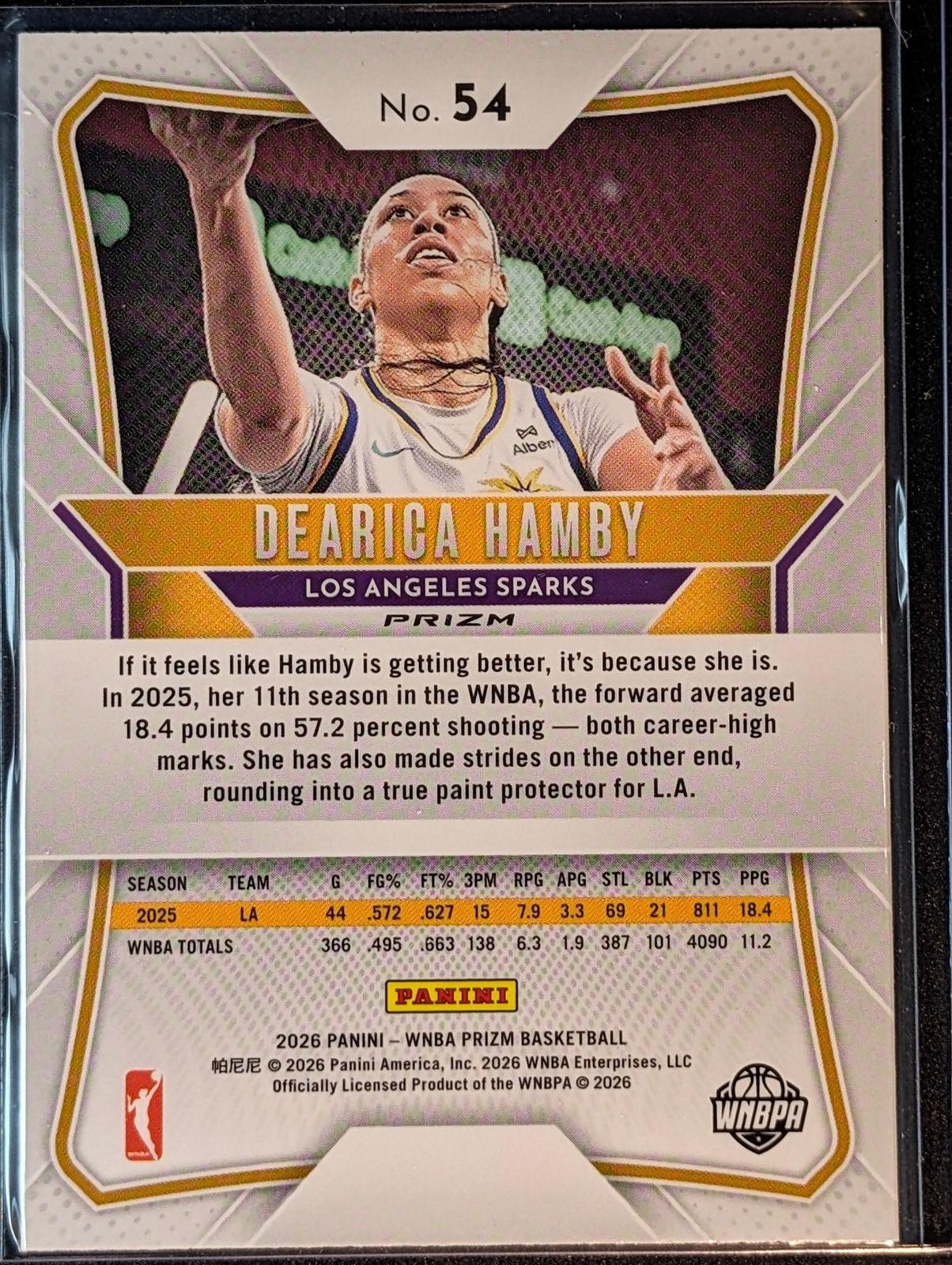 Back of 2026 Panini Prizm WNBA #54 Dearica Hamby Silver Prizm
