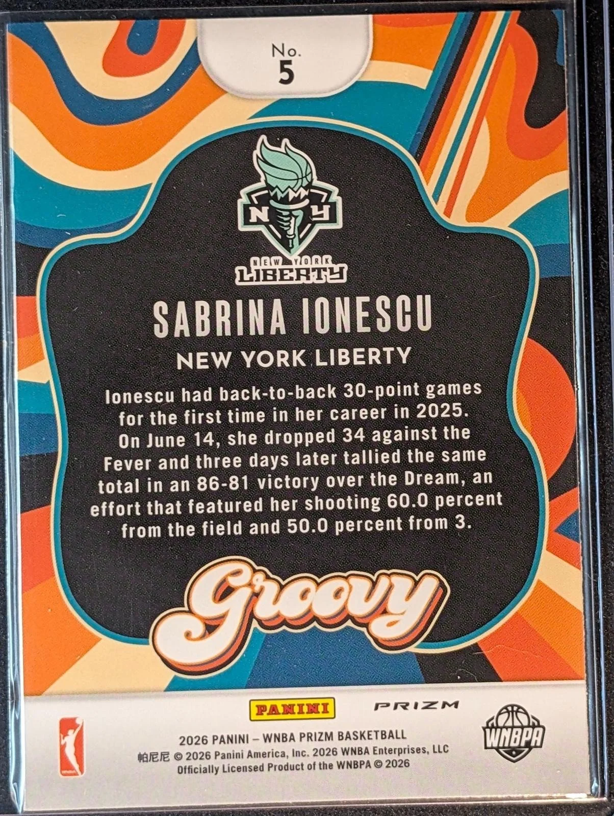 Back of 2026 Panini Prizm WNBA #5 Sabrina Ionescu Groovy Prizm