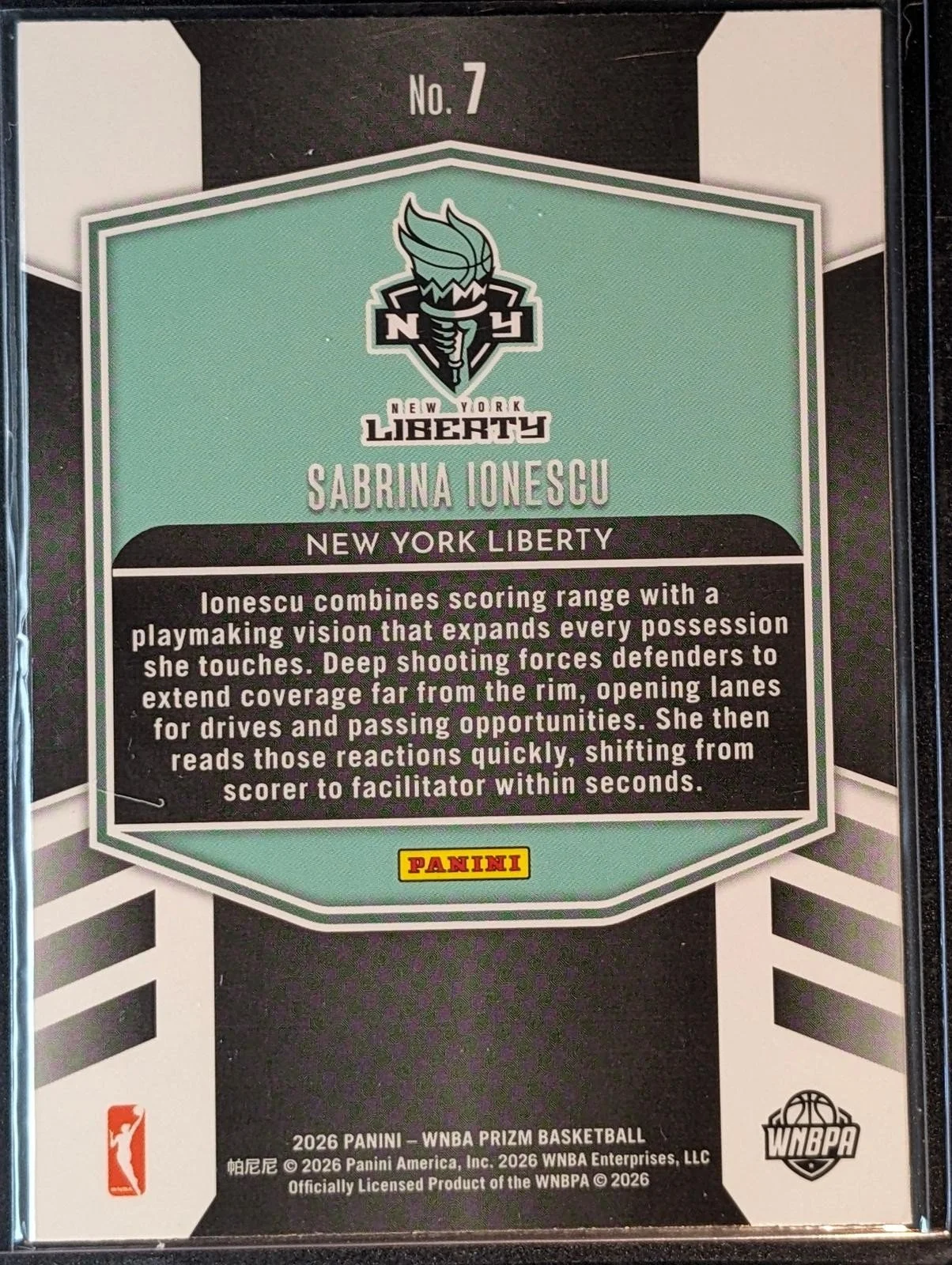Back of 2026 Panini Prizm WNBA Sabrina Ionescu Fearless #7