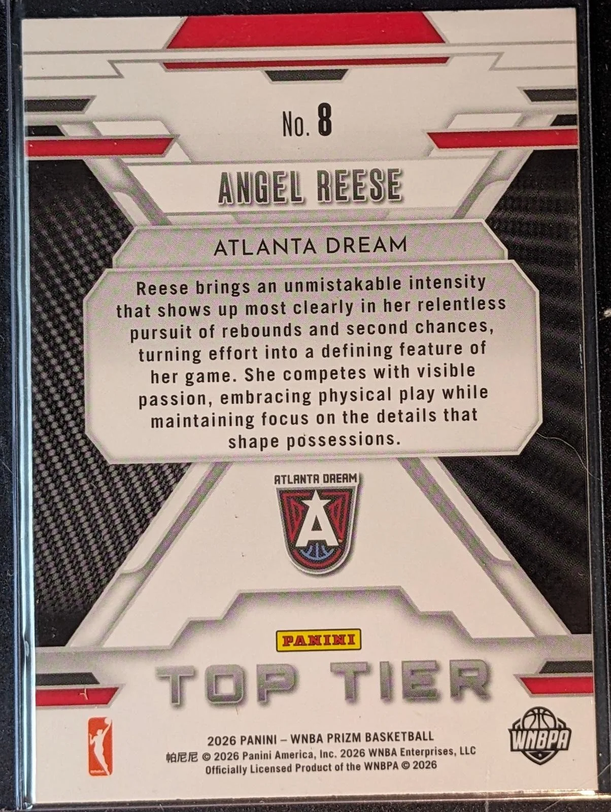 Back of 2026 Panini Prizm WNBA Angel Reese Top Tier #8