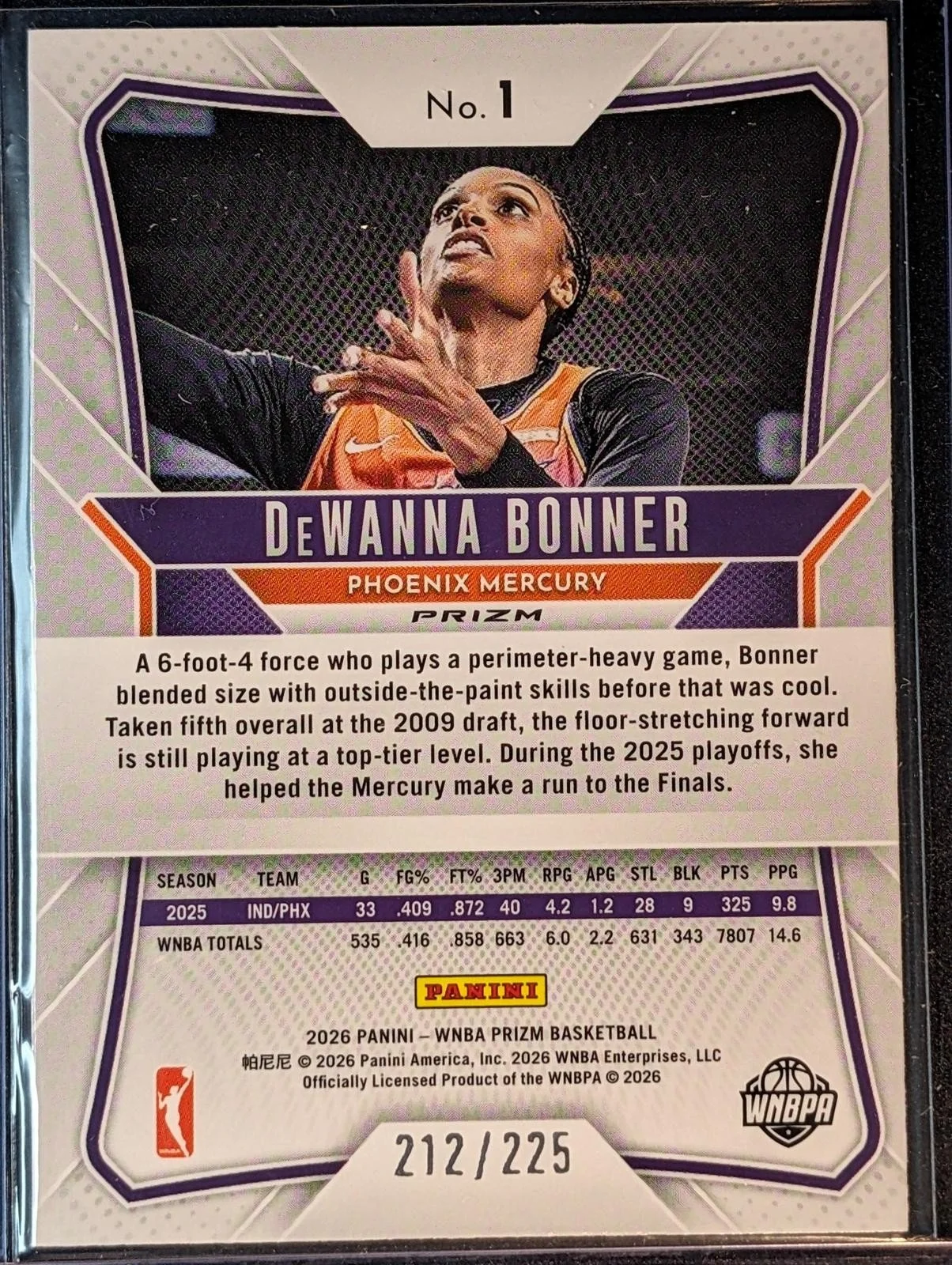 Back of 2026 Panini Prizm WNBA /225 DeWanna Bonner Lime Green Prizms #1