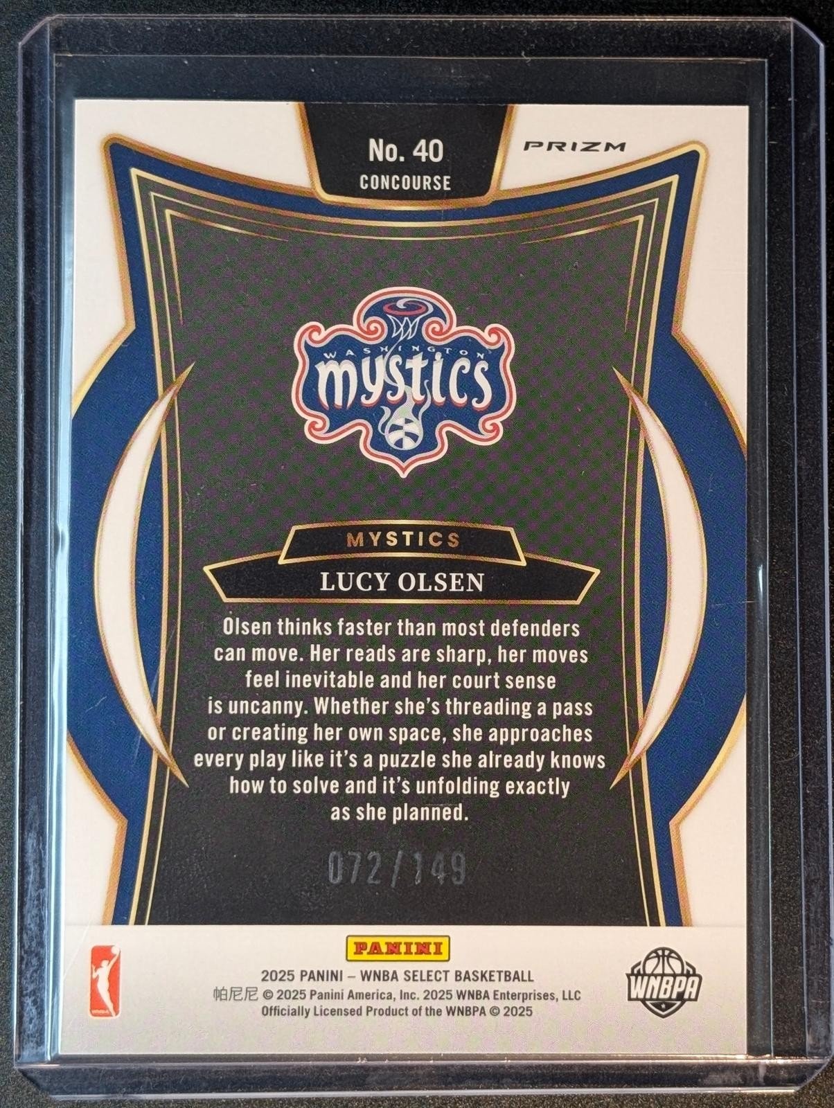 Back of 2025 Panini Select WNBA #40 Lucy Olsen Red Prizm /149 RC