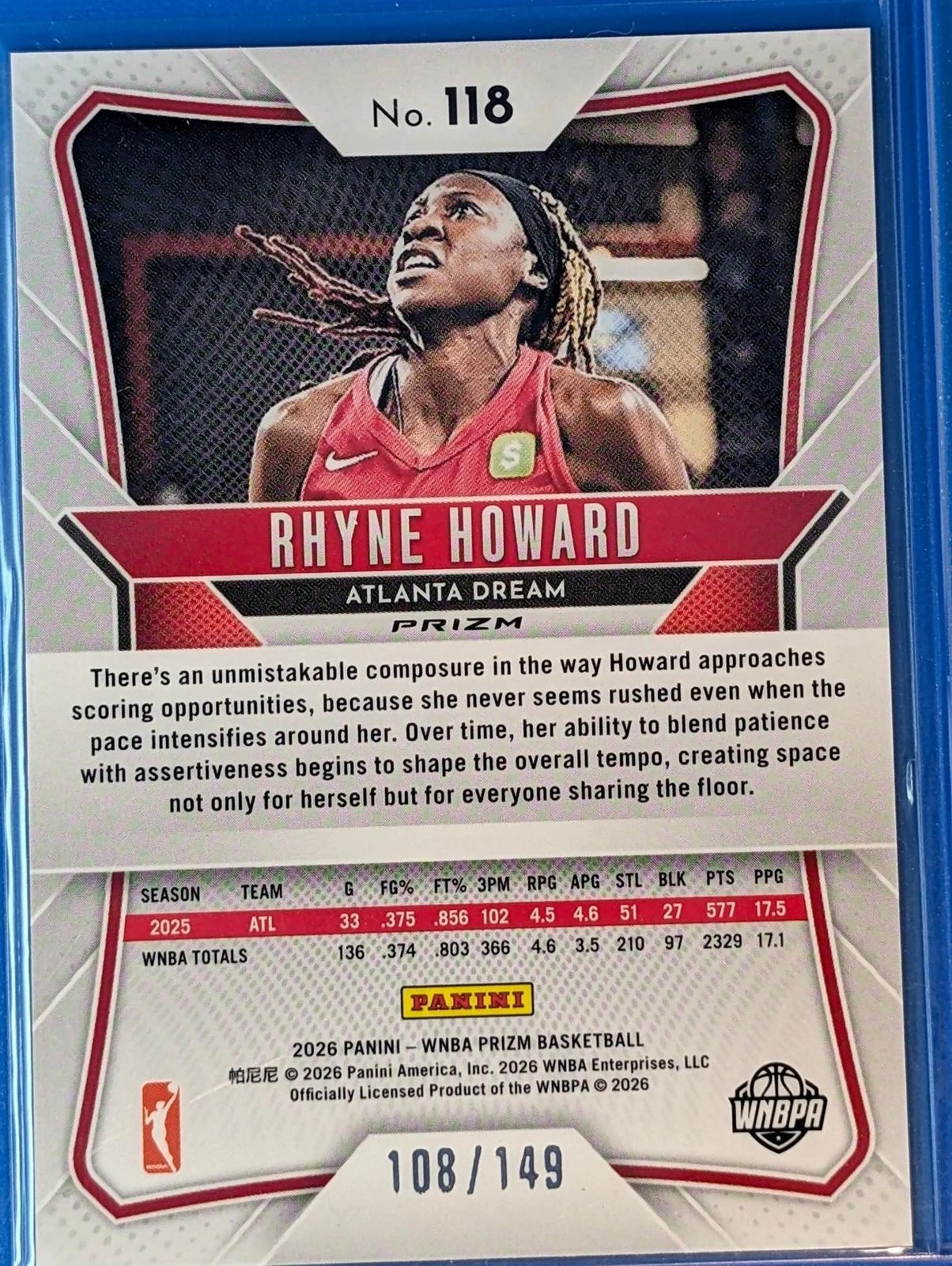 Back of 2026 Panini Prizm WNBA /149 Rhyne Howard Purple Prizms #118