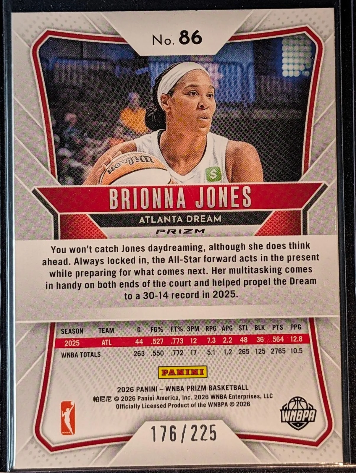 Back of 2026 Panini Prizm WNBA /225 Brionna Jones Lime Green Prizms #86