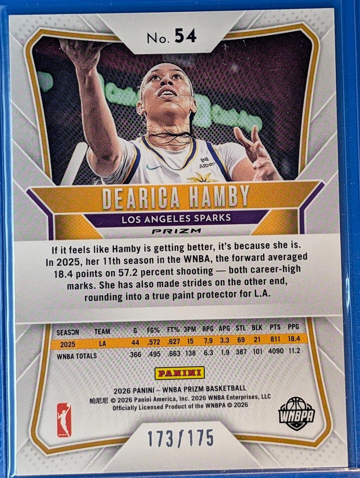 Back of 2026 Panini Prizm WNBA #54 Dearica Hamby Pink Prizm /175