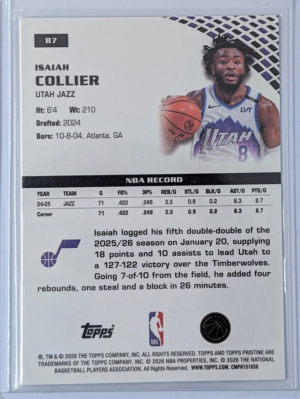 Back of 2025-26 Topps Pristine Isaiah Collier 1987 Topps #87