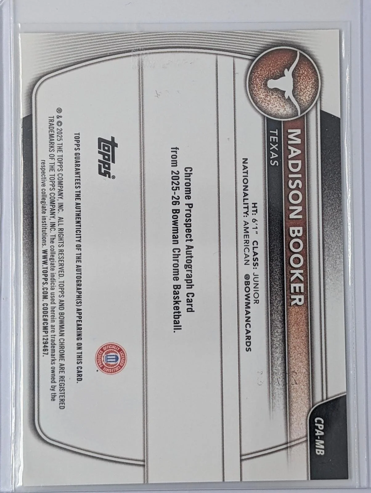 Back of 2025-26 Bowman Chrome /75 Madison Booker Yellow Refractor #CPA-MB