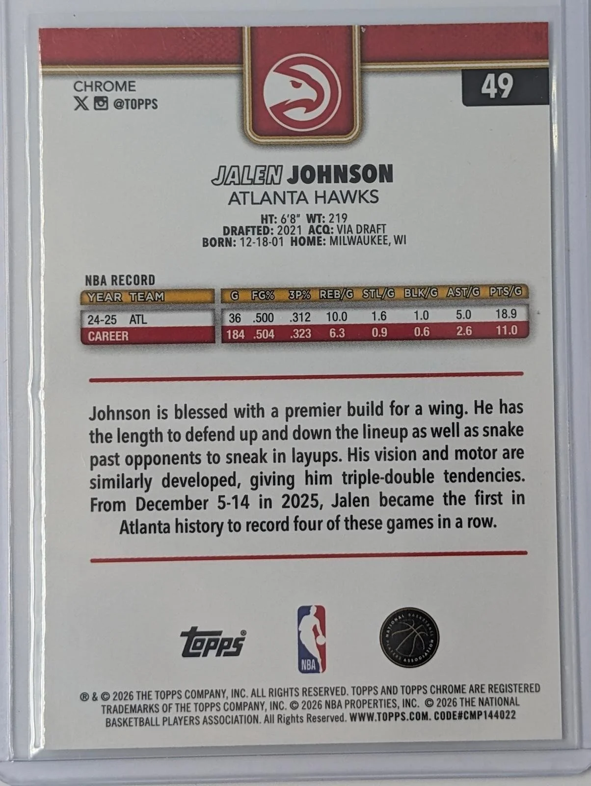 Back of 2025-26 Topps Chrome Update Jalen Johnson RayWave Refractor #49
