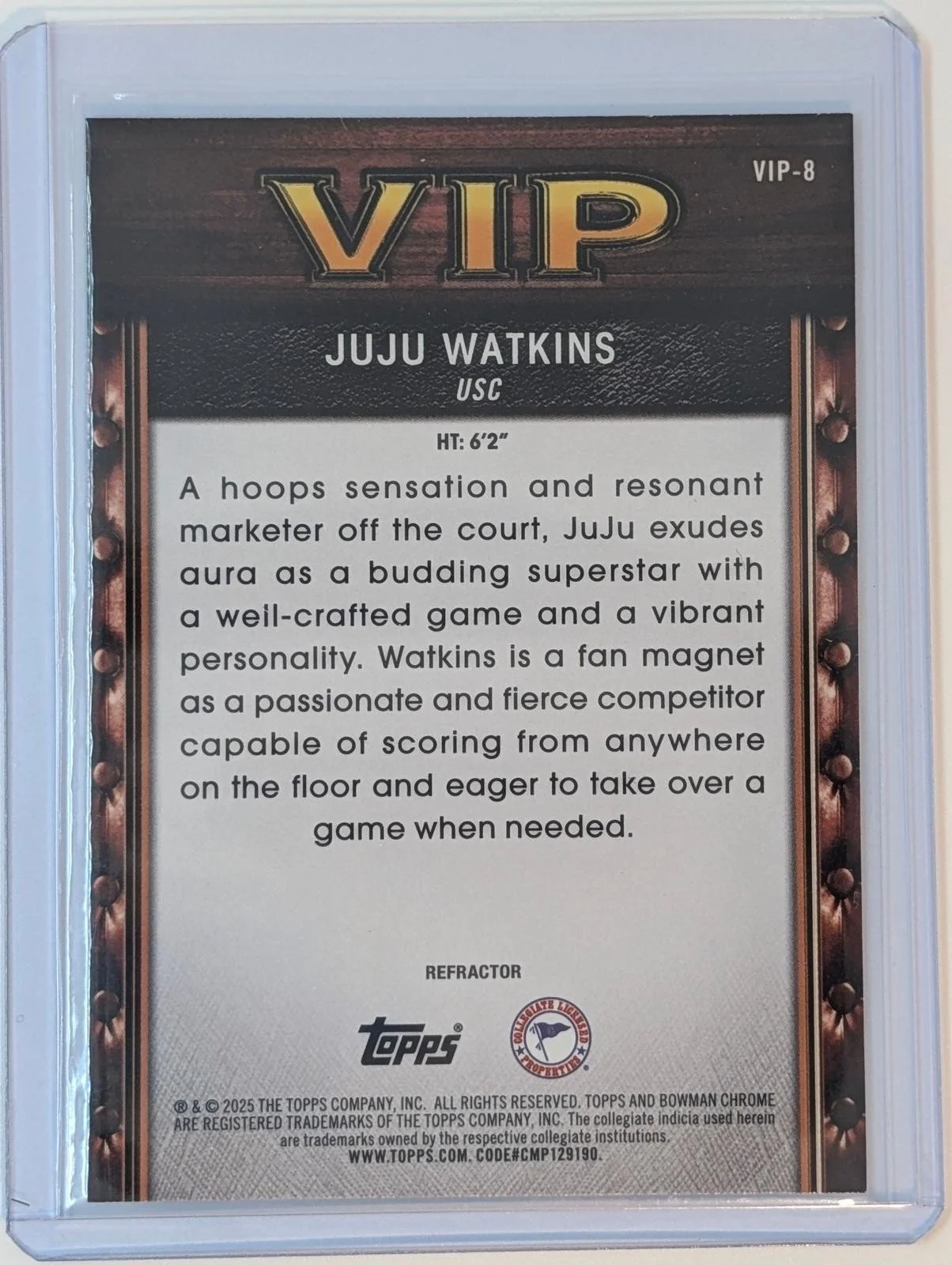 Back of 2025-26 Bowman Chrome JuJu Watkins VIP Refractor #VIP-8