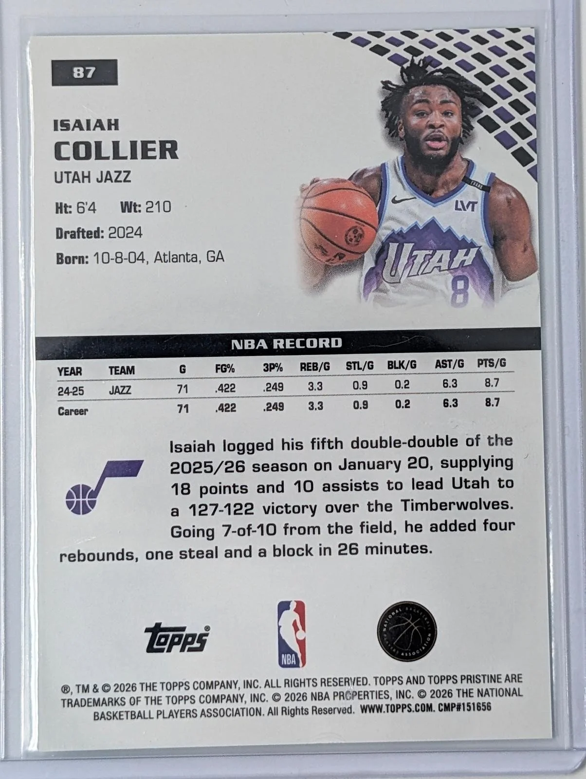 Back of 2025-26 Topps Pristine /199 Isaiah Collier #87