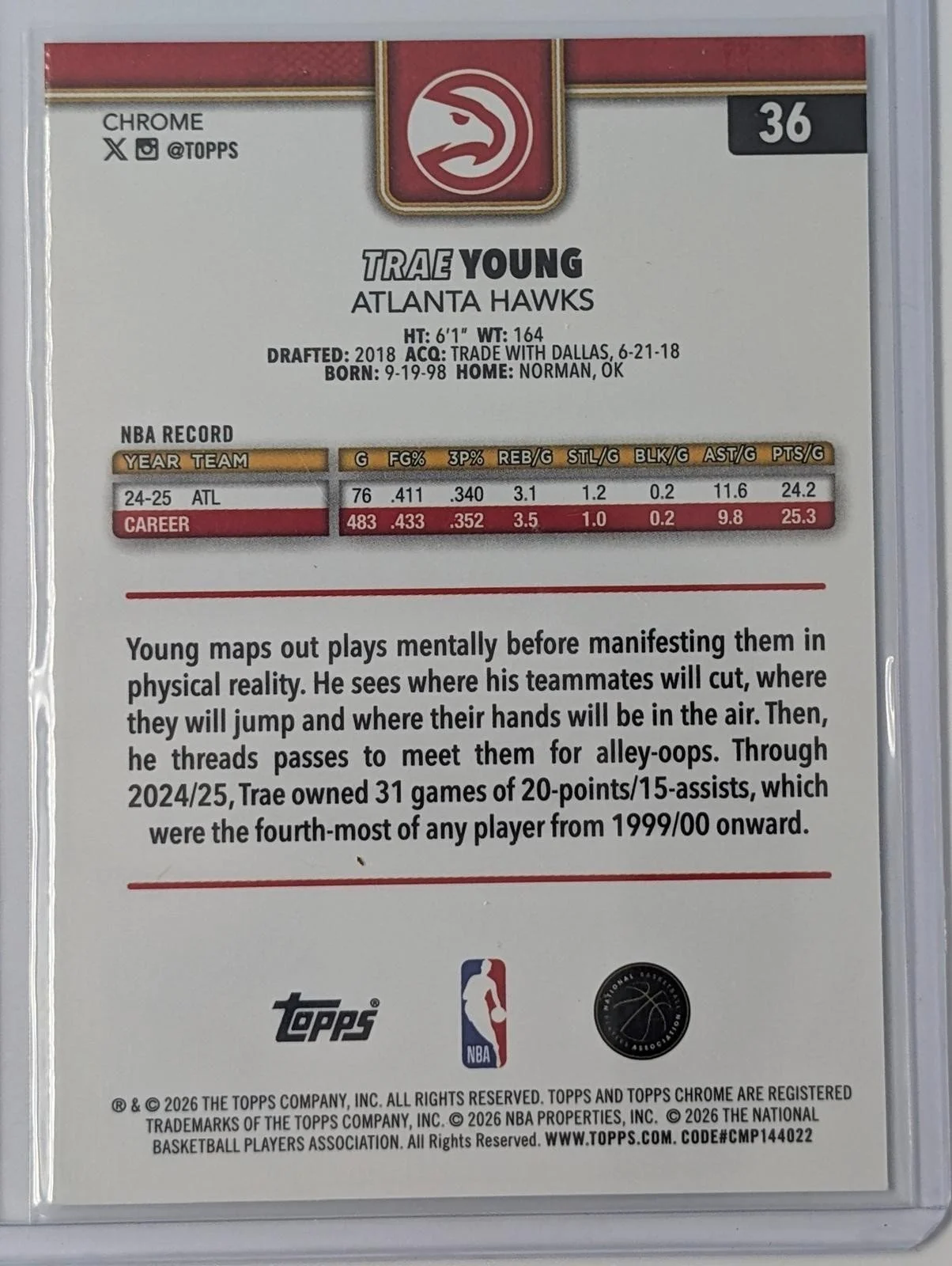 Back of 2025-26 Topps Chrome Update #36 Trae Young Negative Reractor