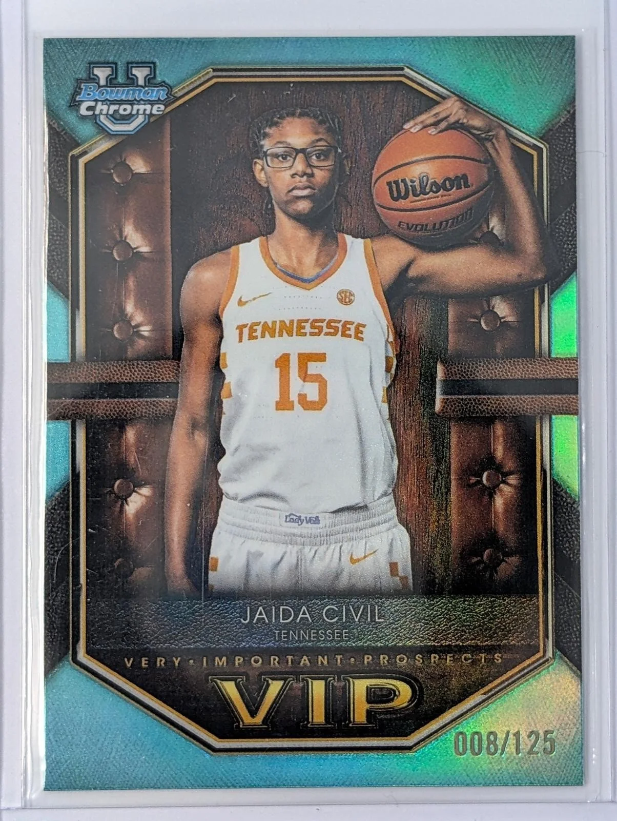 Front of 2025-26 Bowman Chrome /125 Jaida Civil Aqua Refractor #VIP-16