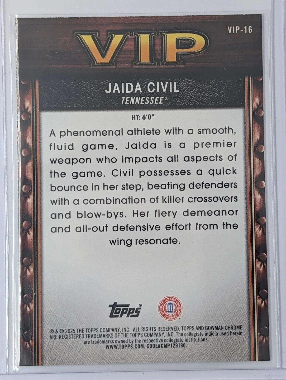 Back of 2025-26 Bowman Chrome /125 Jaida Civil Aqua Refractor #VIP-16