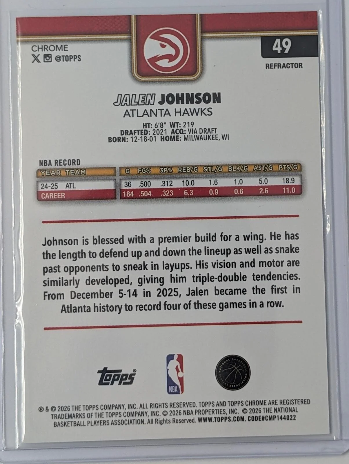 Back of 2025-26 Topps Chrome Update Jalen Johnson Refractor #49