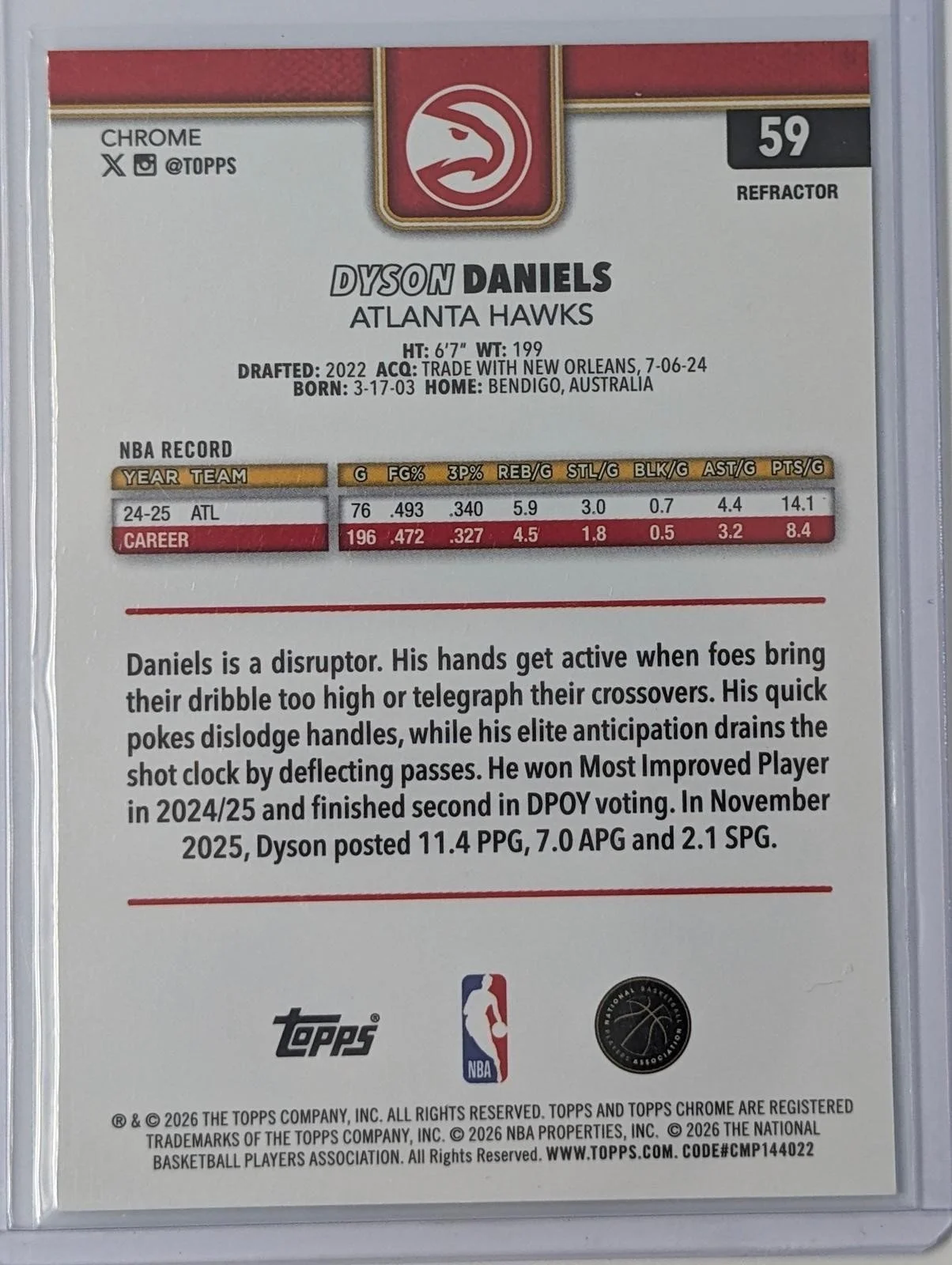 Back of 2025-26 Topps Chrome Update Dyson Daniels Refractor #59