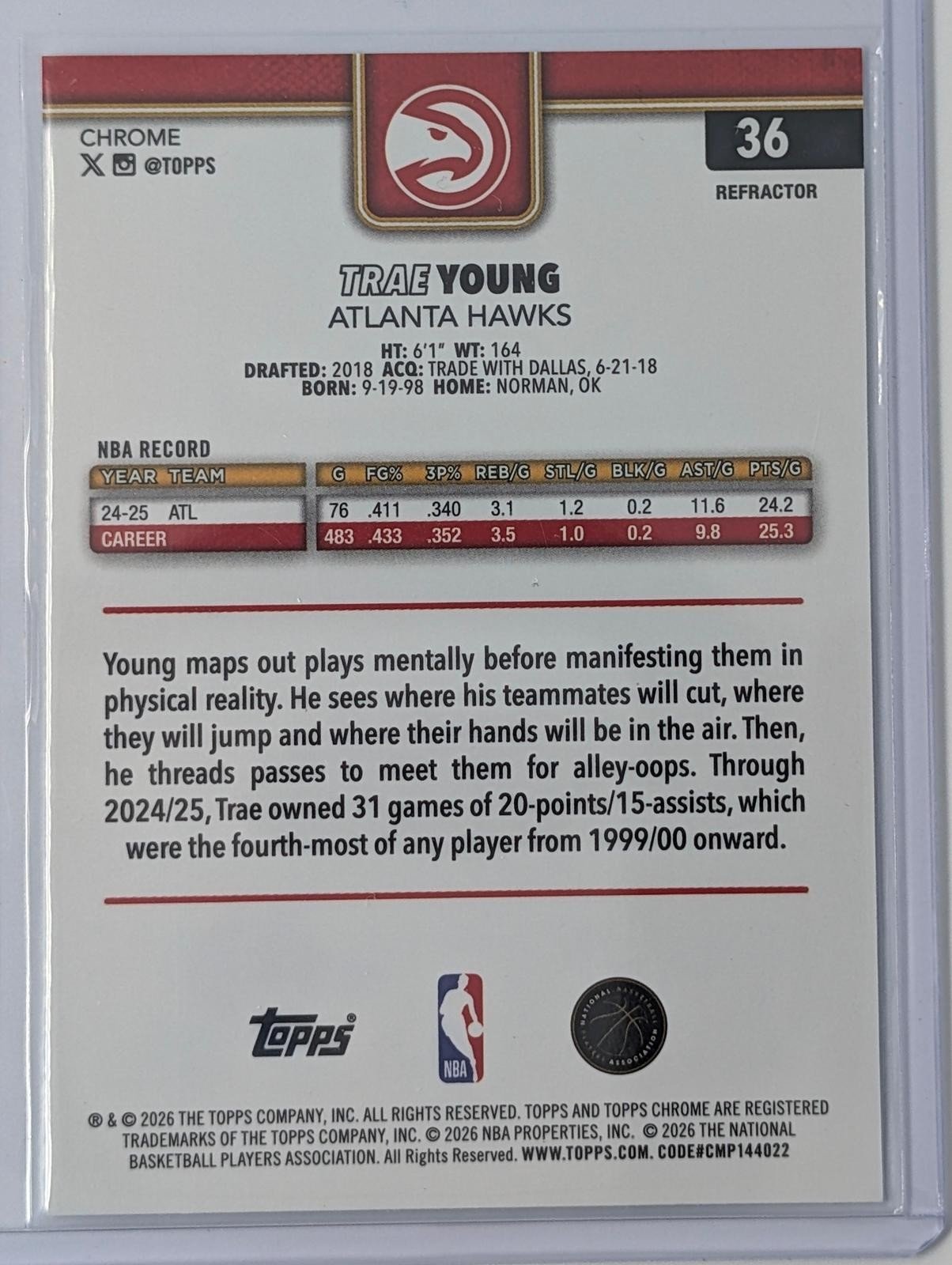 Back of 2025-26 Topps Chrome Update Trae Young Refractor #36
