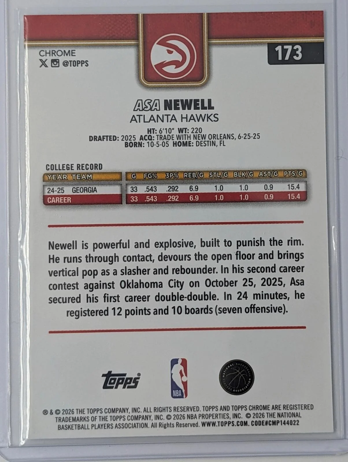 Back of 2025-26 Topps Chrome Update #173 Asa Newell