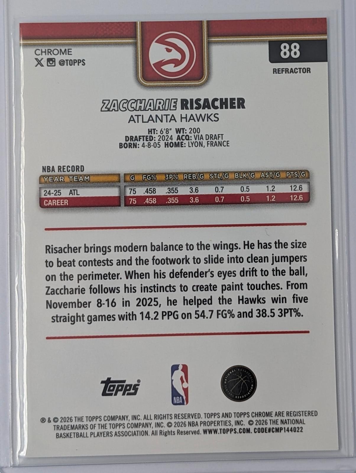 Back of 2025-26 Topps Chrome Update Zaccharie Risacher Refractor #88
