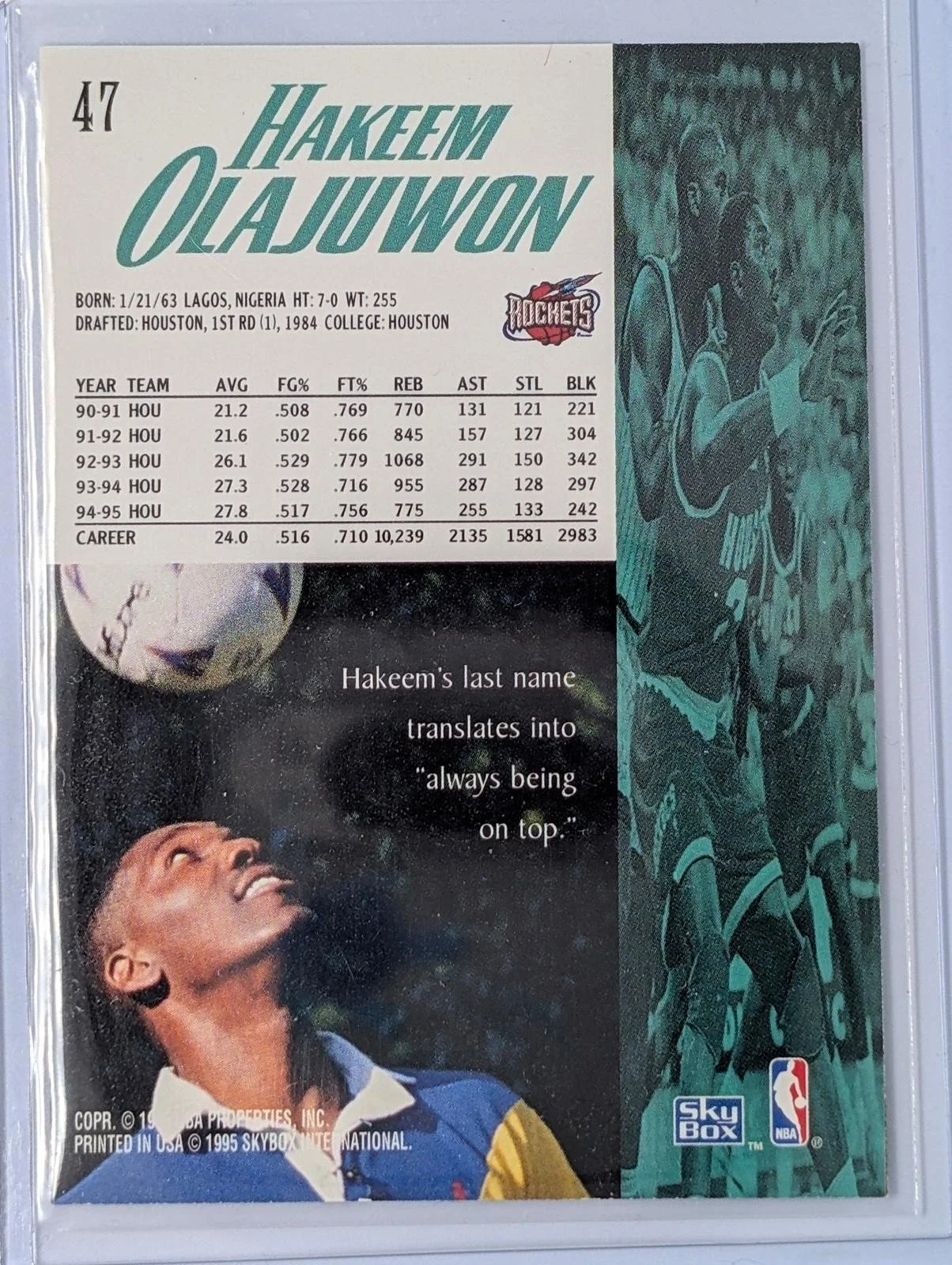 Back of 1995-96 SkyBox Premium Hakeem Olajuwon #47