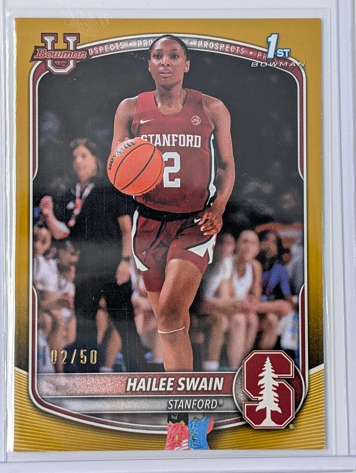 Front of JERSEY MATCH 2/50 2025-26 Bowman Chrome Hailee Swain Gold Refractor #BPP-38