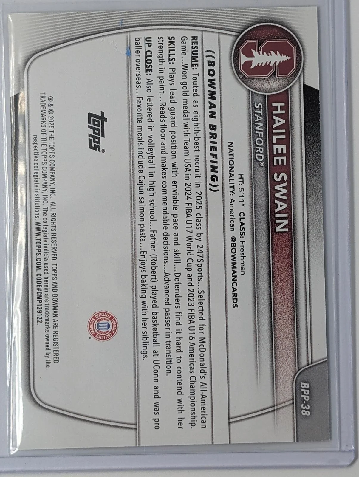 Back of JERSEY MATCH 2/50 2025-26 Bowman Chrome Hailee Swain Gold Refractor #BPP-38