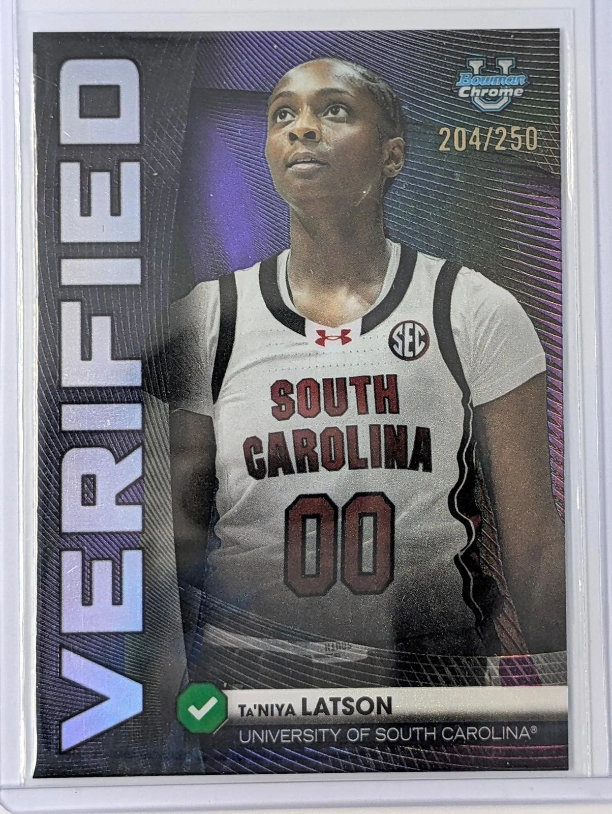 Front of 2025-26 Bowman Chrome /250 Ta'Niya Latson Bowman Verified Purple Refractor