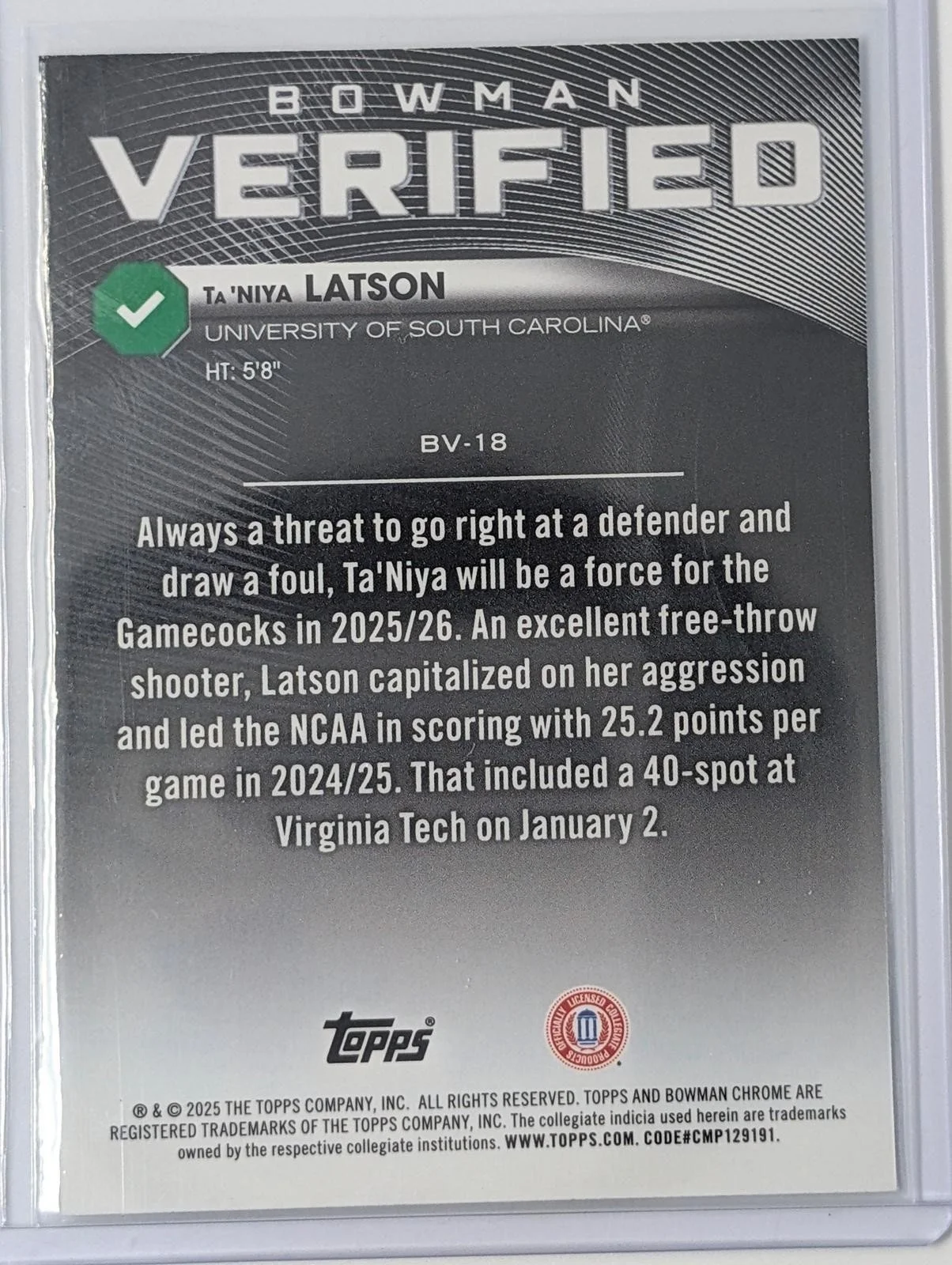Back of 2025-26 Bowman Chrome /250 Ta'Niya Latson Bowman Verified Purple Refractor