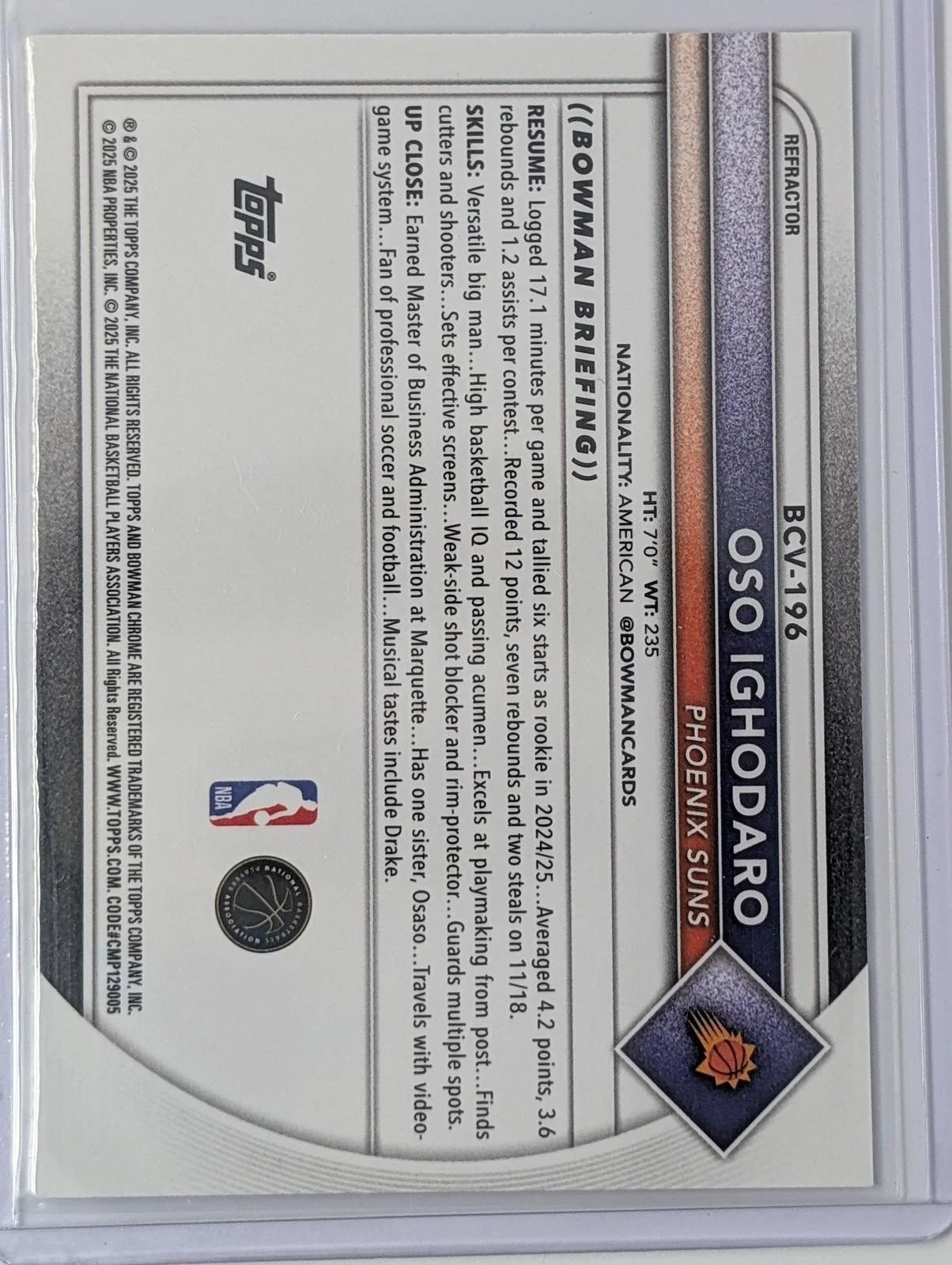 Back of 2025-26 Bowman Chrome /499 Oso Ighodaro Refractor #BCV-196