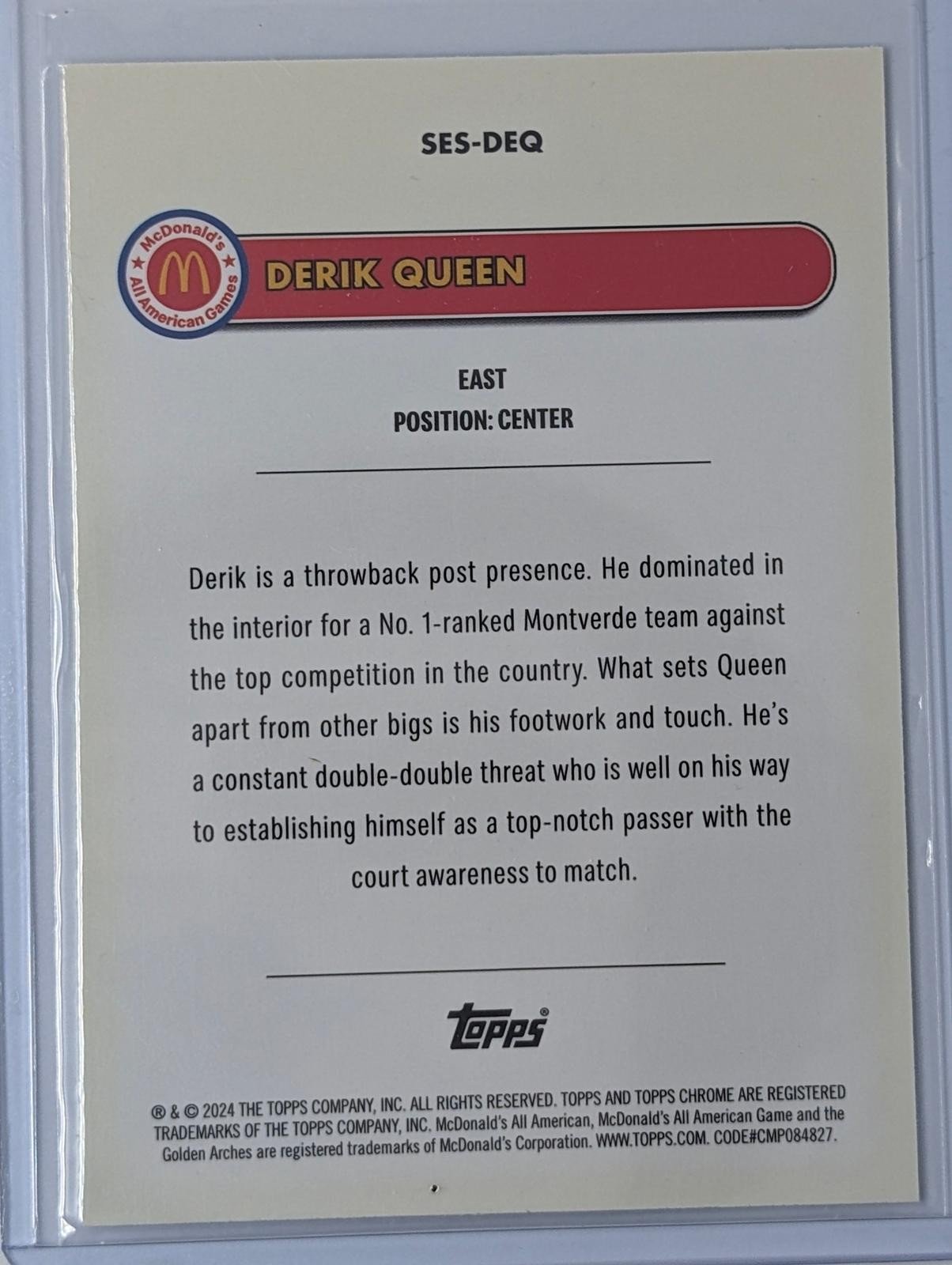 Back of 2024 Topps Chrome McDonald's All American Derik Queen Major Stars #SES-DEQ