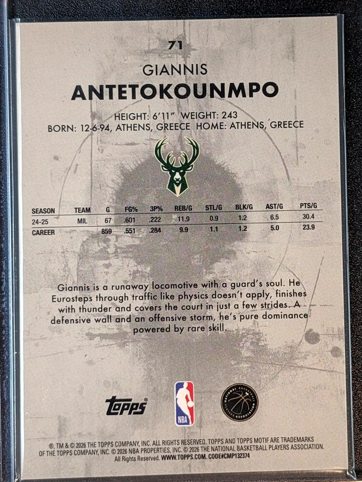 Back of 2025-26 Topps Motif /99 Giannis Antetokounmpo #71