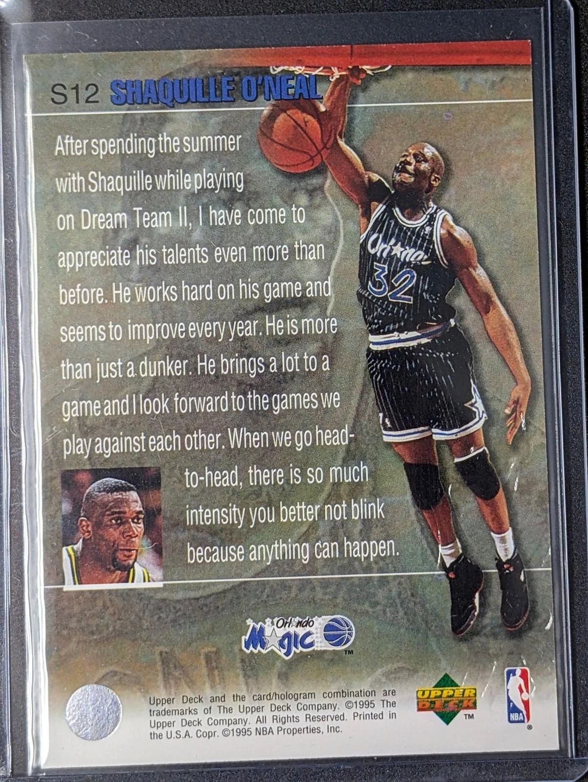 Back of 1994-95 Upper Deck Shaquille O'Neal Kemp Slam Dunk Stars #S12