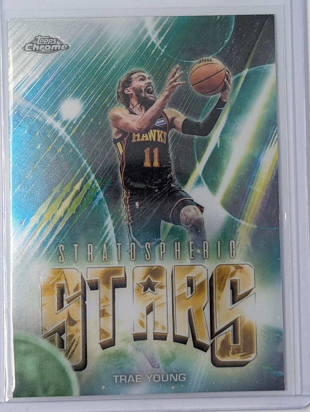 Front of 2025-26 Topps Chrome Update Trae Young Stratospheric Stars #ST-14