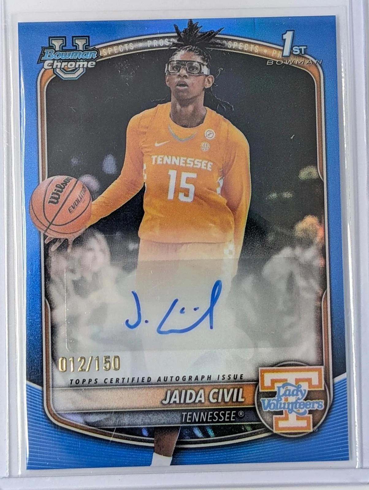 Front of 2025-26 Bowman Chrome /150 Jaida Civil Blue Refractor #CPA-JC