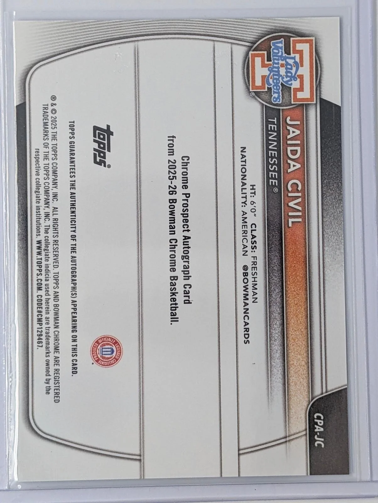 Back of 2025-26 Bowman Chrome /150 Jaida Civil Blue Refractor #CPA-JC